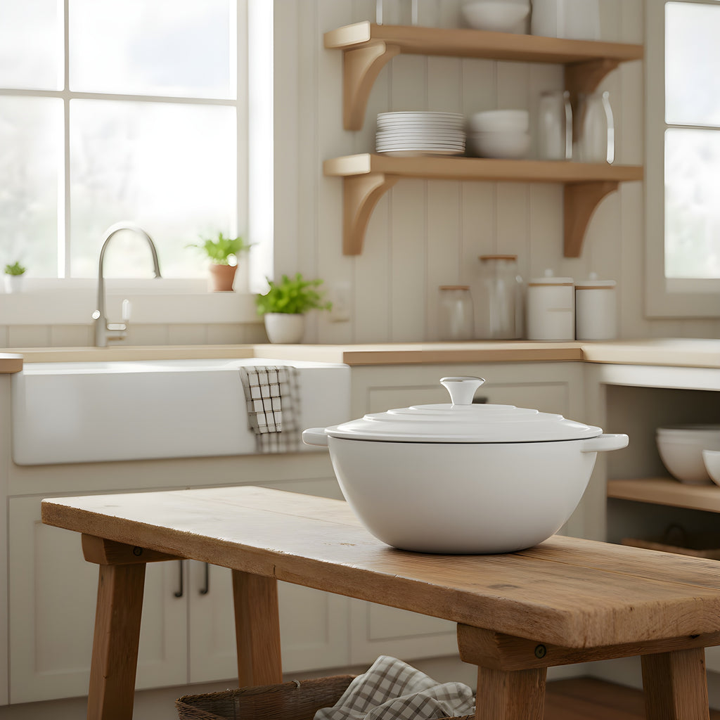 White casserole dish on a wooden table in a kitchen with shelves and windows in the background.