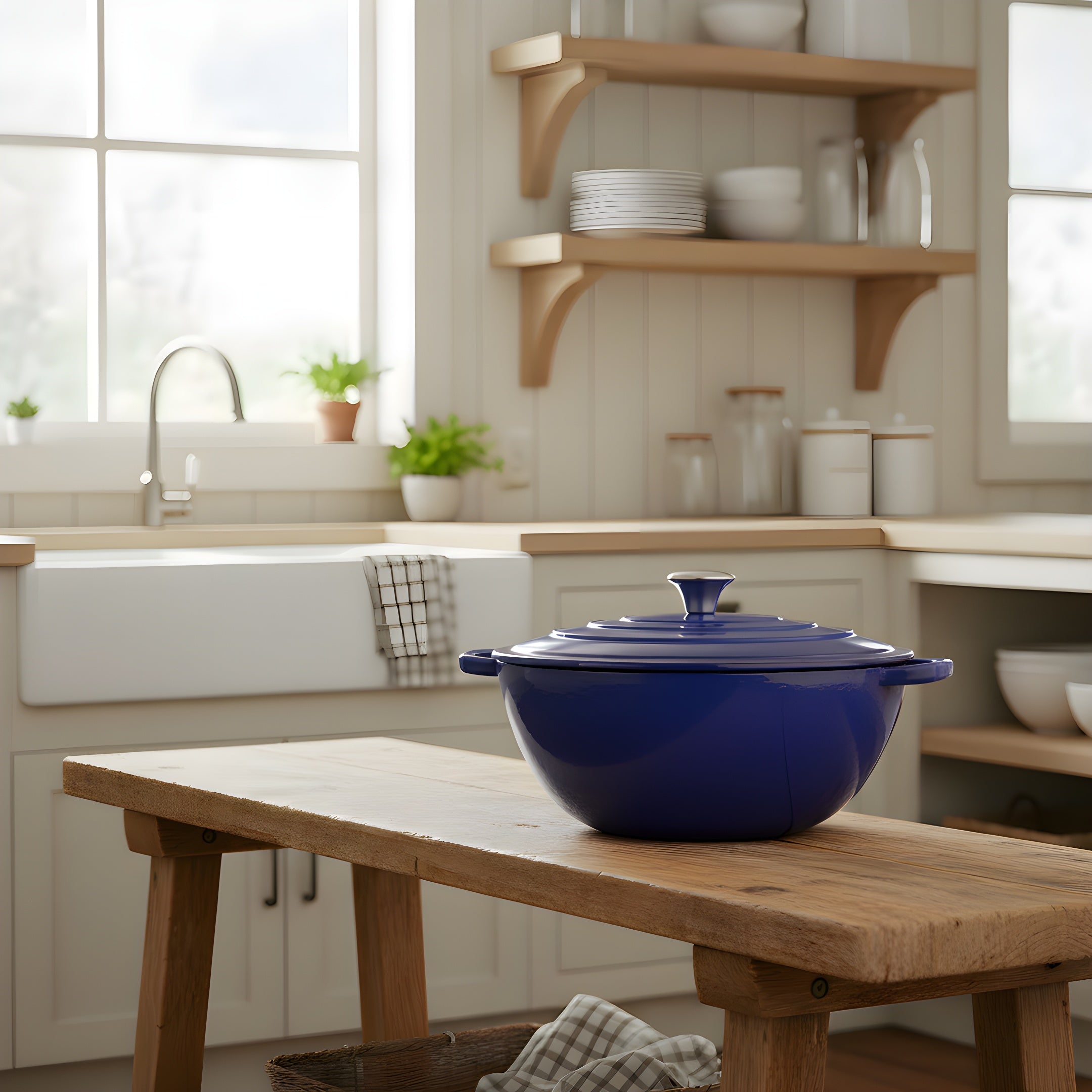 Blue casserole dish on a wooden table in a kitchen with shelves and windows.