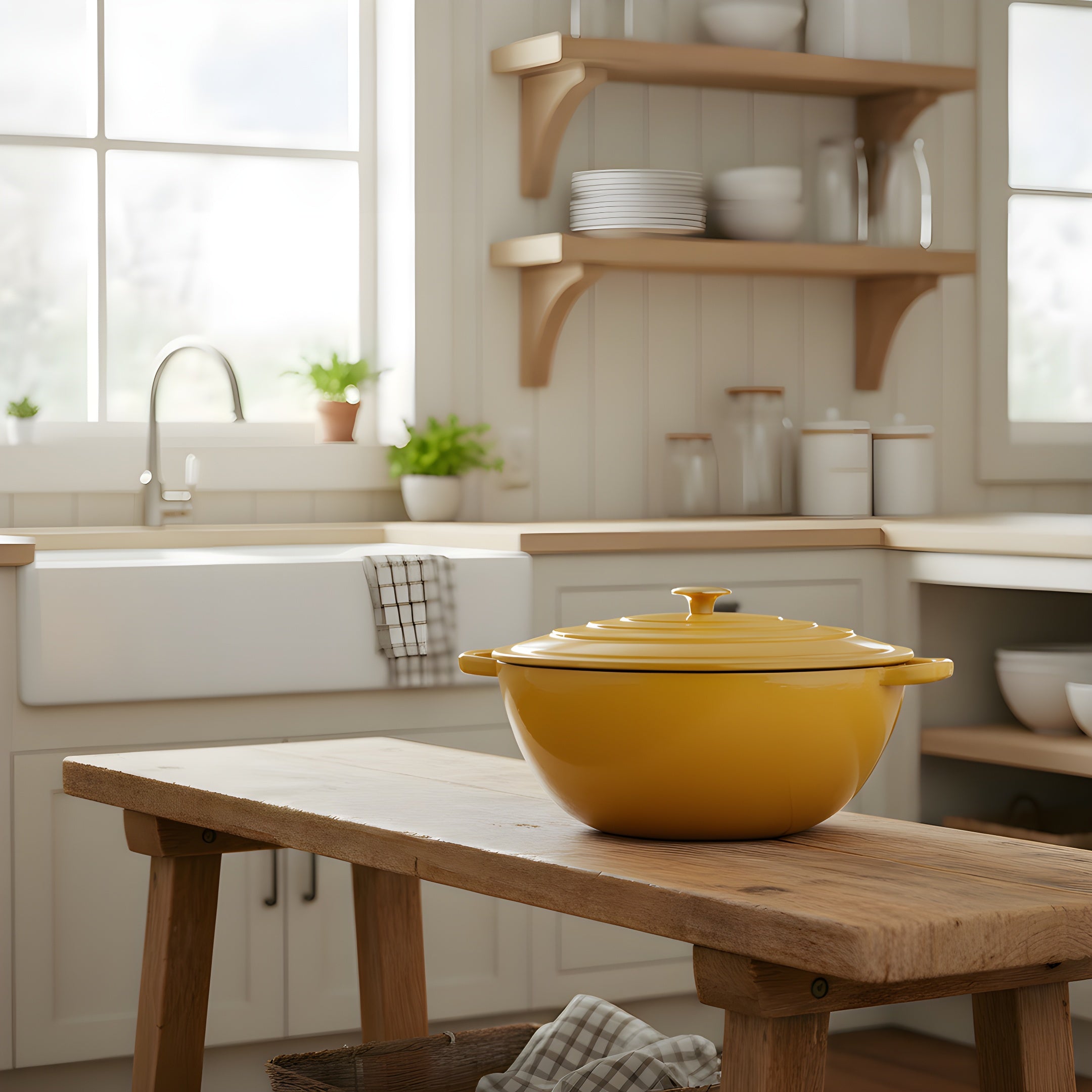 Yellow pot on a wooden table in a kitchen with shelves and windows.