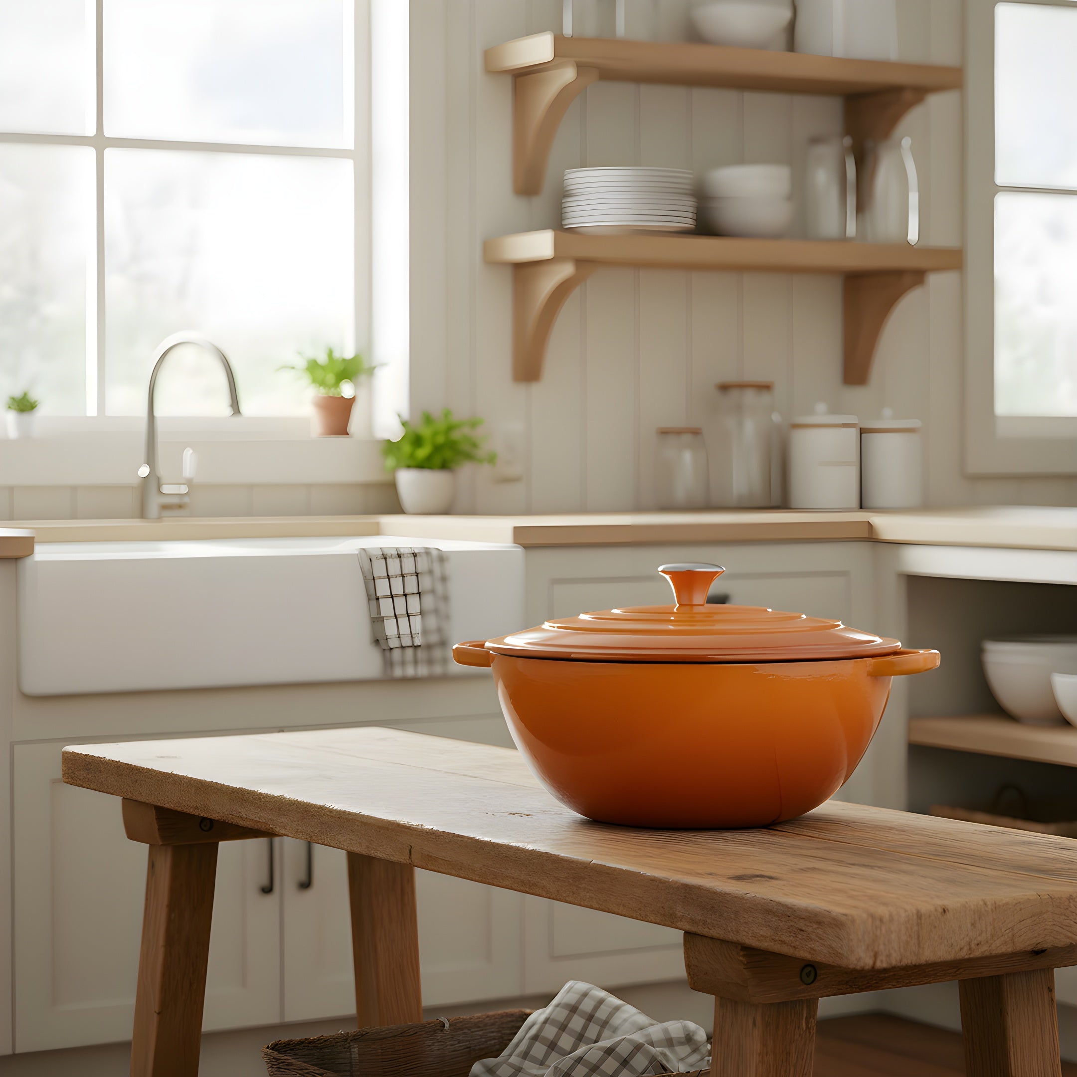 Orange casserole dish on a wooden table in a kitchen setting