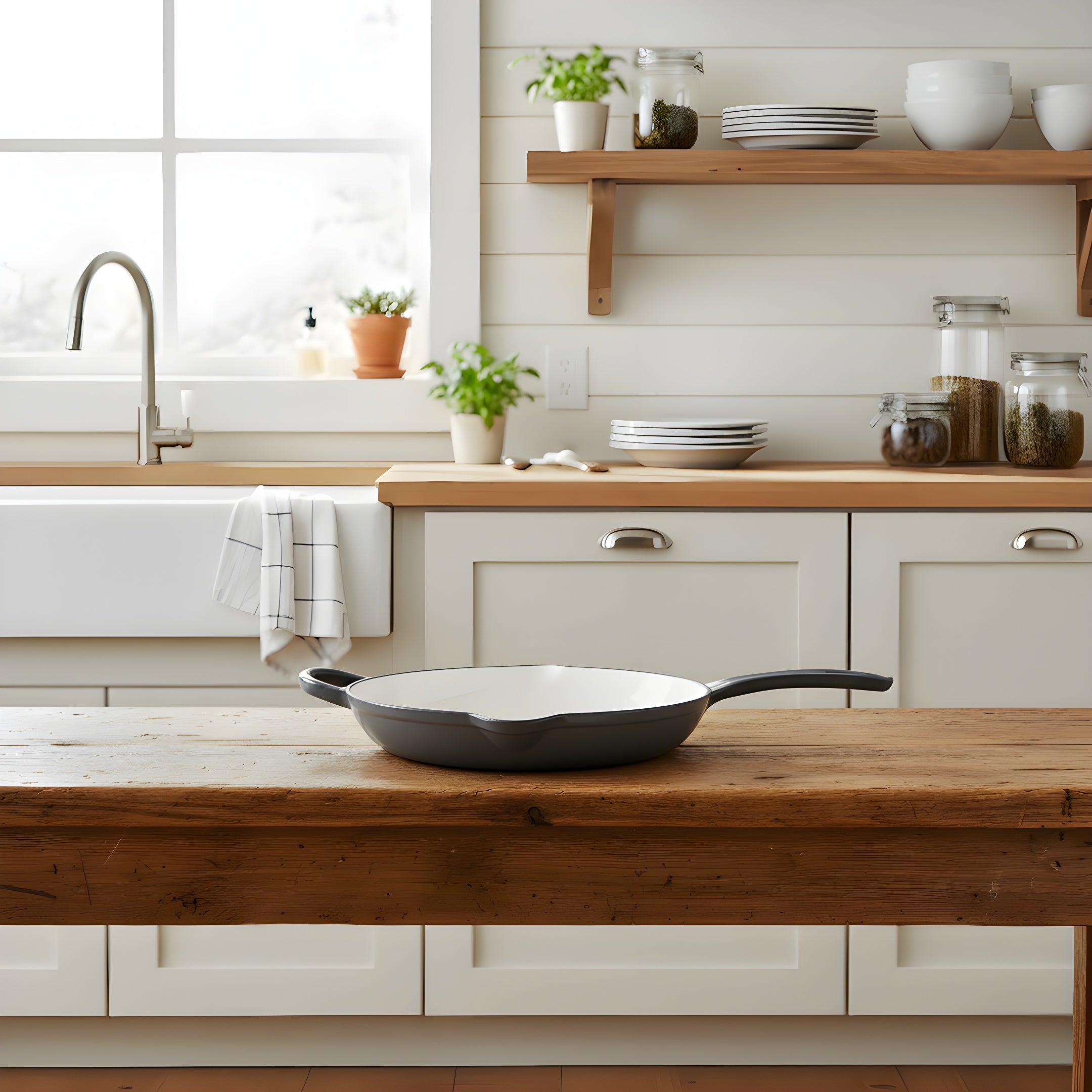 Kitchen with a wooden countertop and a cast iron skillet.