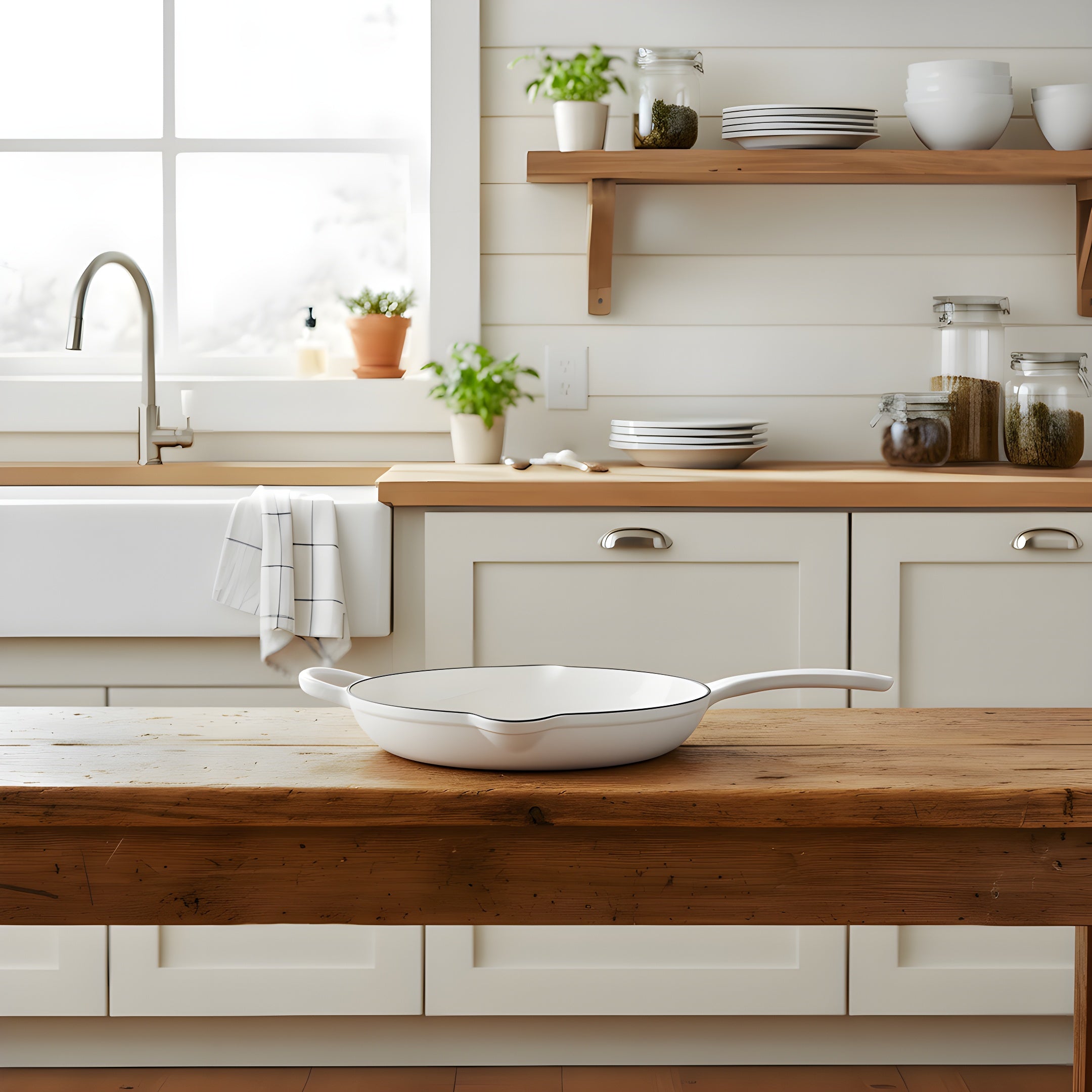 White frying pan on a wooden kitchen counter with a modern kitchen background