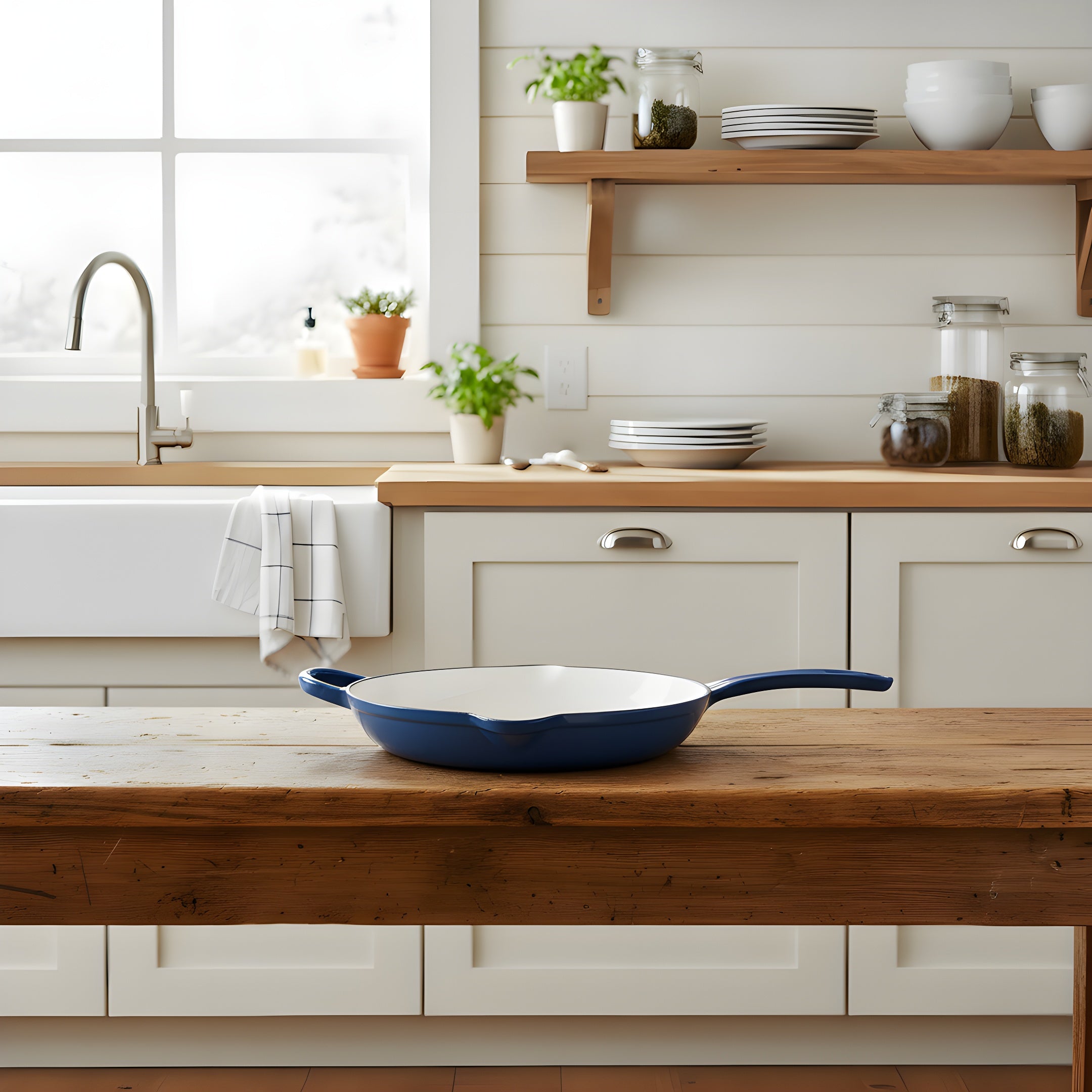 Blue frying pan on a wooden kitchen counter with a modern kitchen background