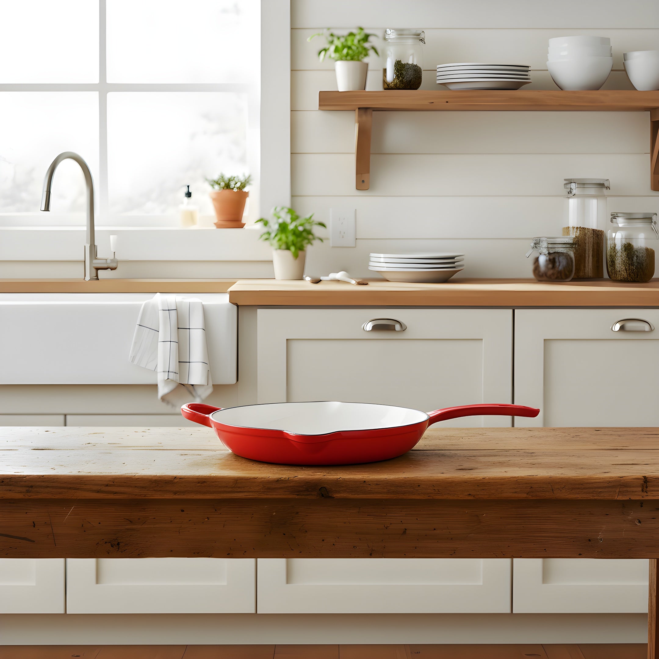 Red frying pan on a wooden kitchen island with a modern kitchen background