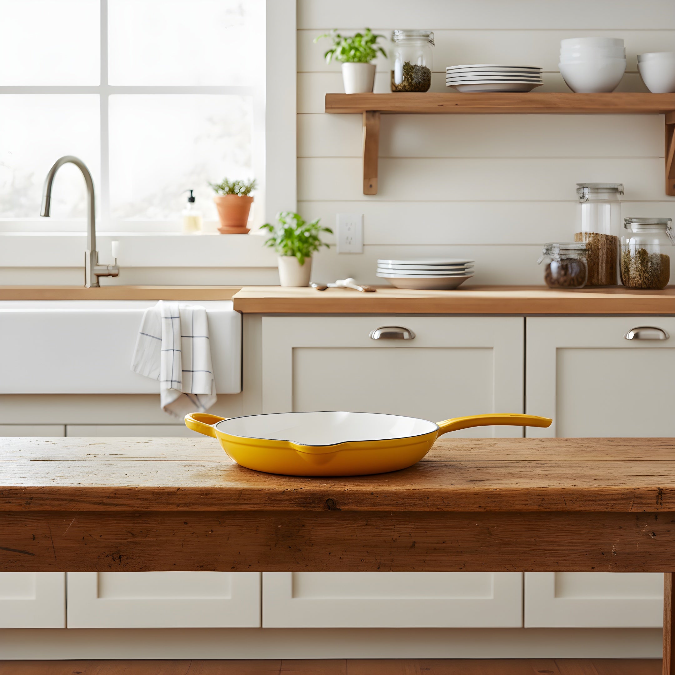 Yellow frying pan on a wooden kitchen counter with a modern kitchen background.