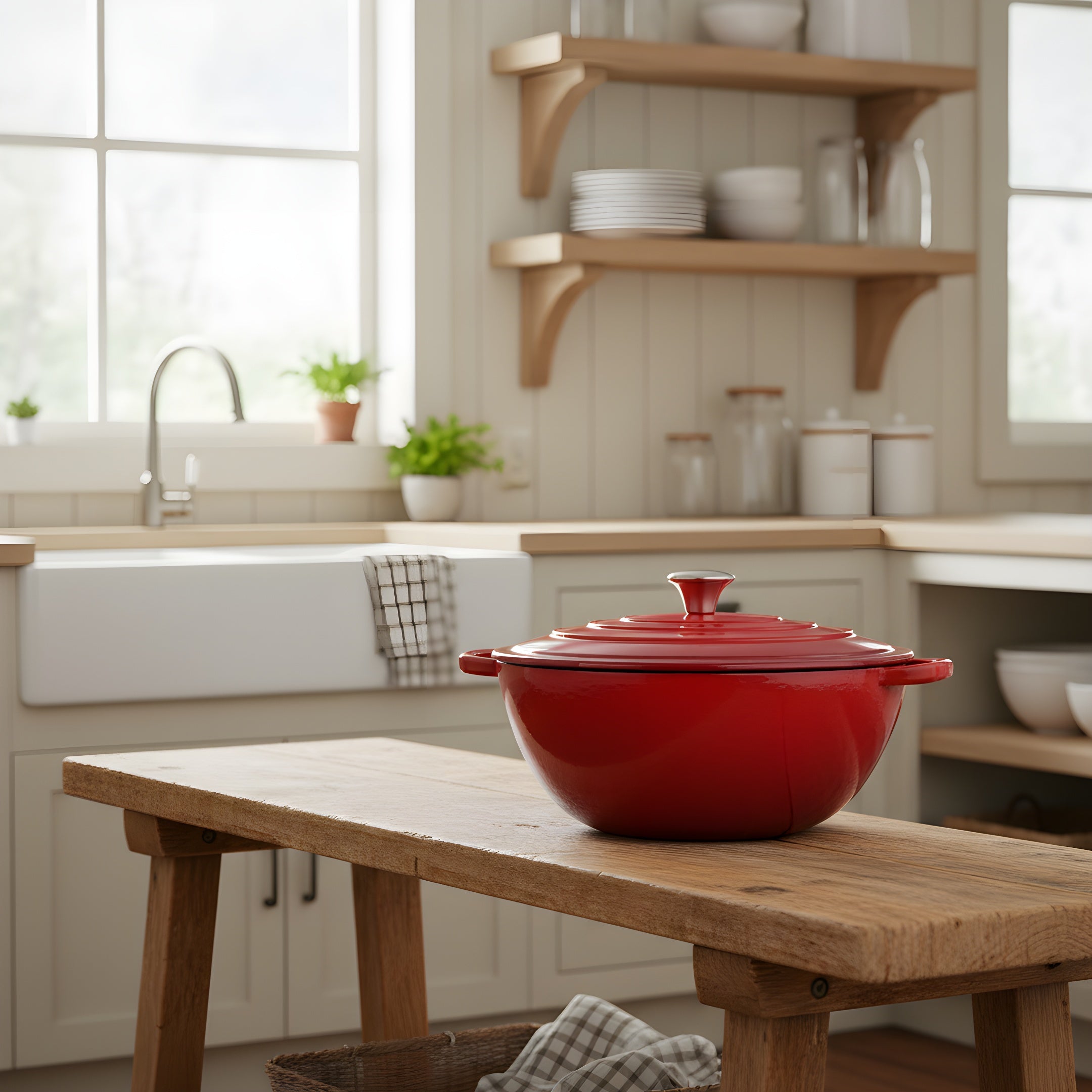 Red pot on a wooden table in a kitchen with shelves and windows in the background
