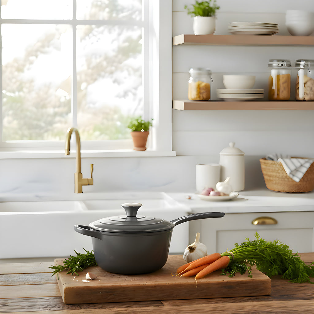 Gray cast iron cookware on a wooden cutting board with carrots and herbs in a bright kitchen.