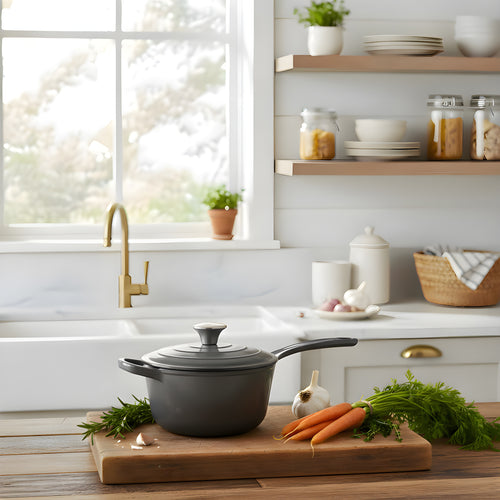 Gray cast iron cookware on a wooden cutting board with carrots and herbs in a bright kitchen.