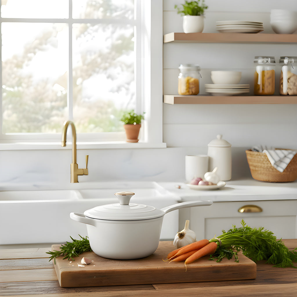 White pot on a wooden cutting board with carrots and herbs in a kitchen.