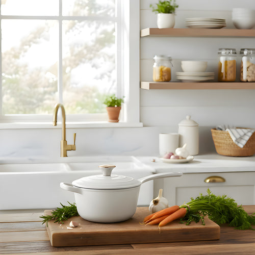 White pot on a wooden cutting board with carrots and herbs in a kitchen.