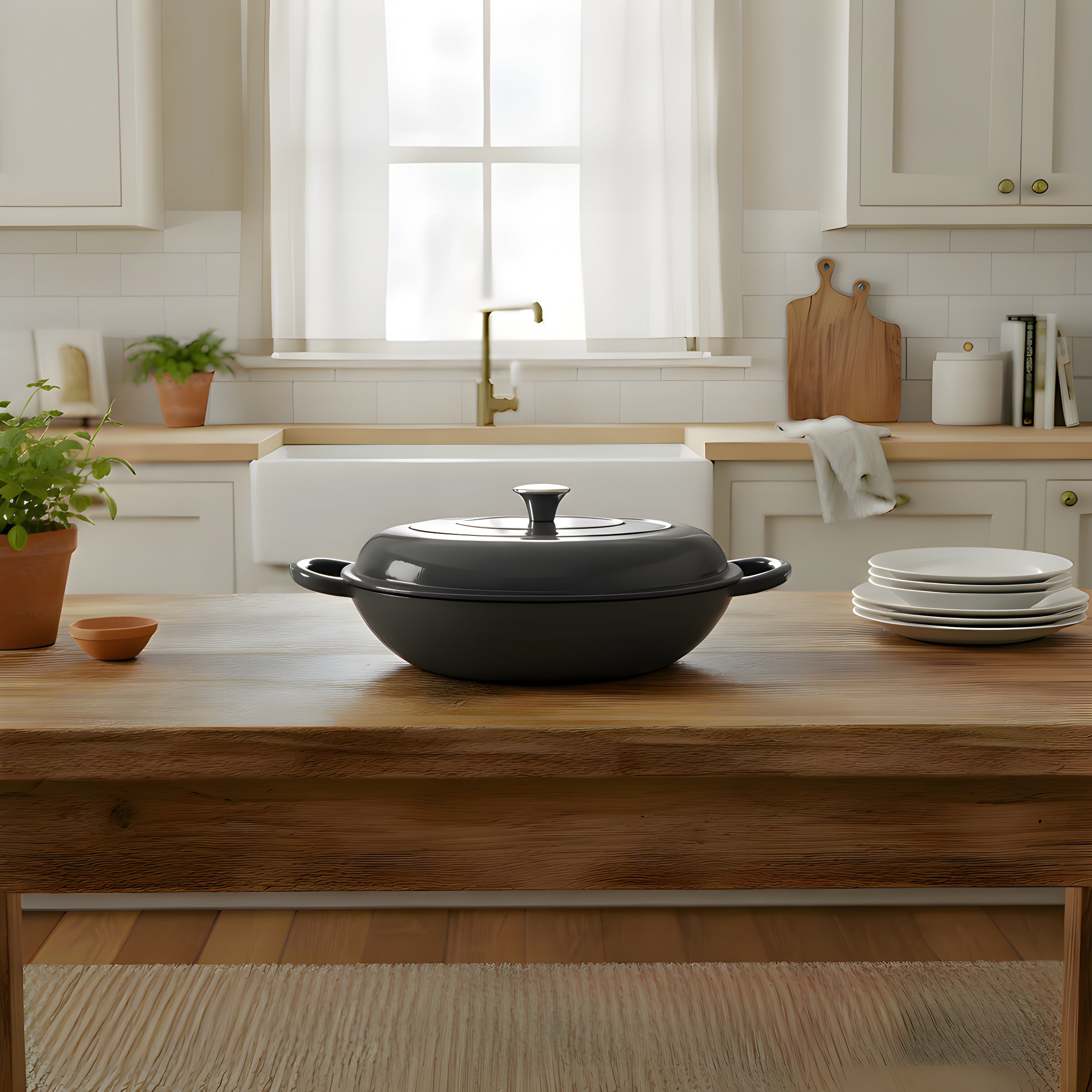 Black cast iron pot on a wooden kitchen counter with a modern kitchen in the background.