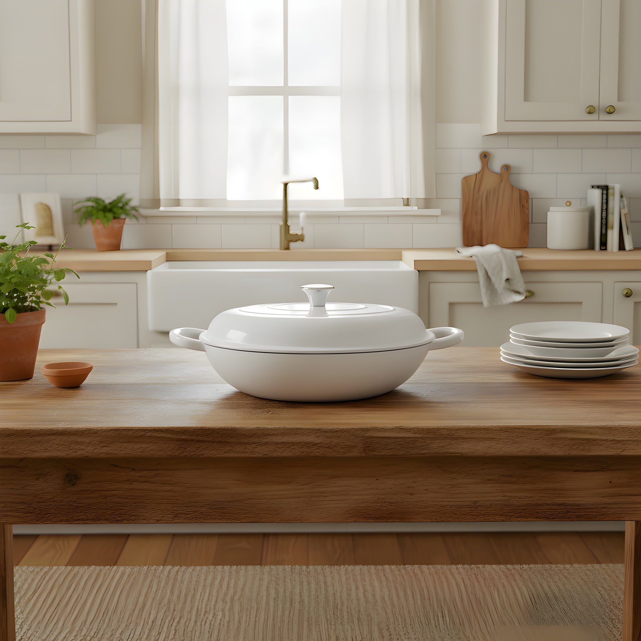 White casserole dish on a wooden kitchen island with a modern kitchen in the background