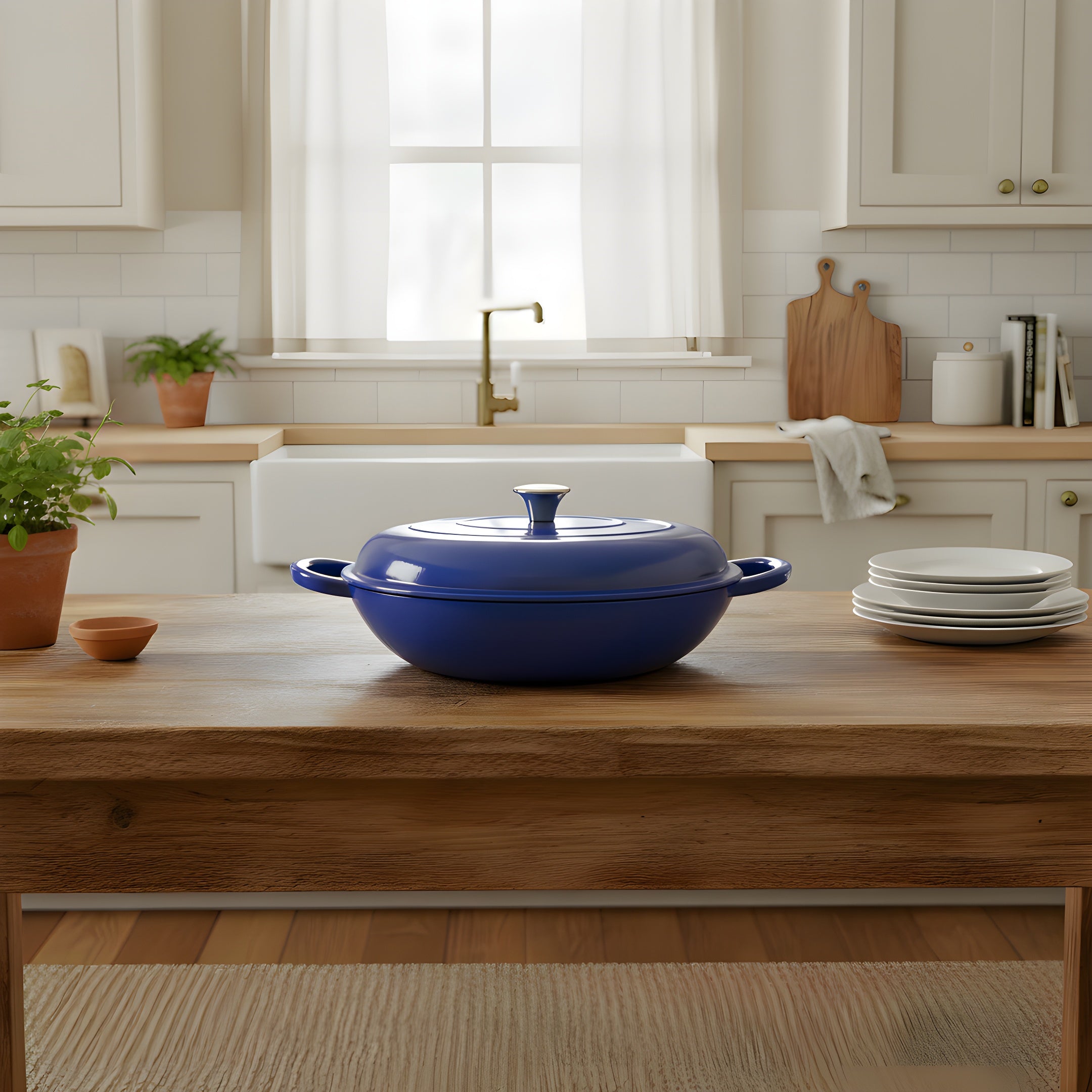 Blue casserole dish on a wooden kitchen counter with a white kitchen background