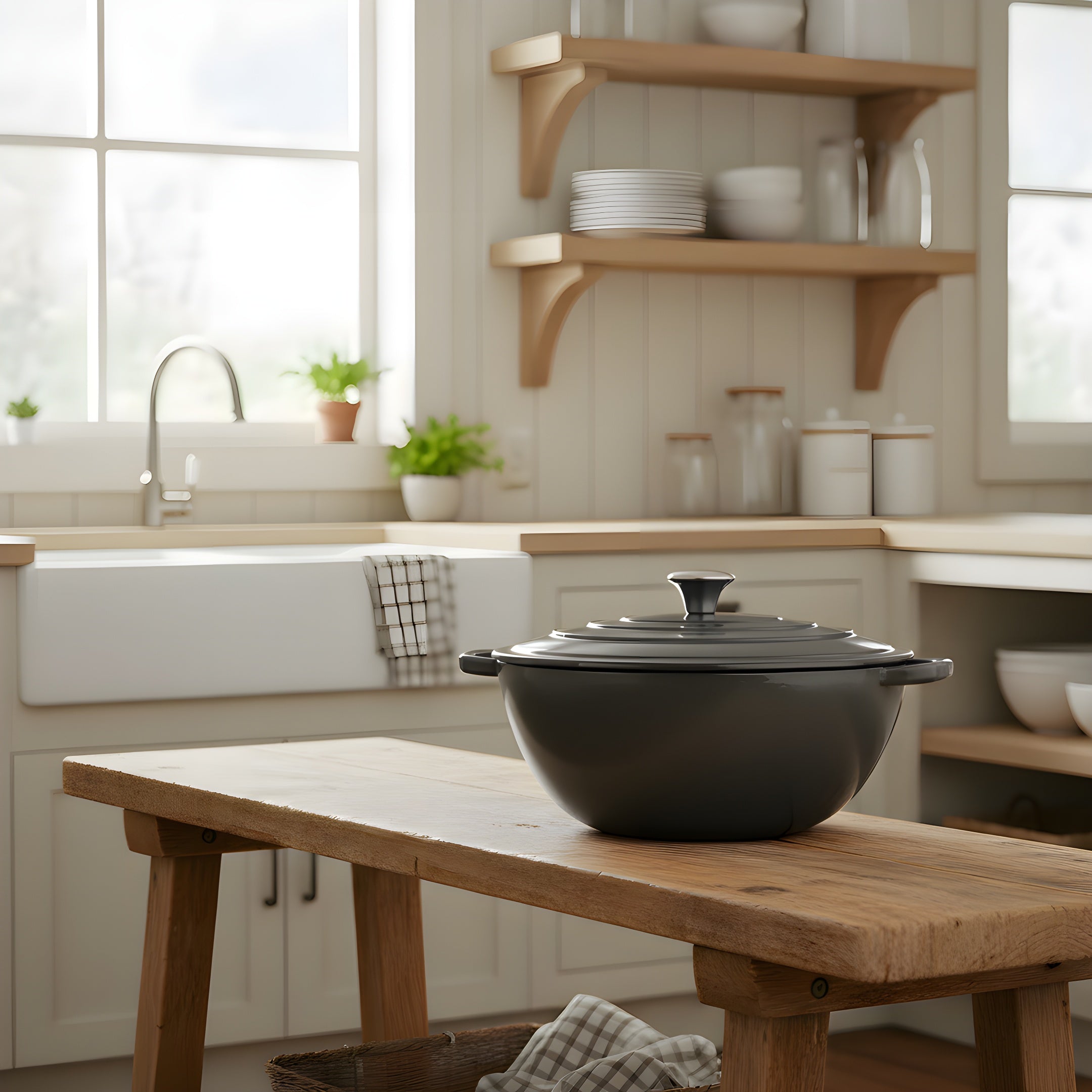 Black pot on a wooden table in a kitchen with shelves and windows in the background
