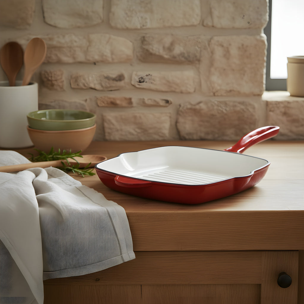 26cm Cast Iron Grill Pan (Red)
